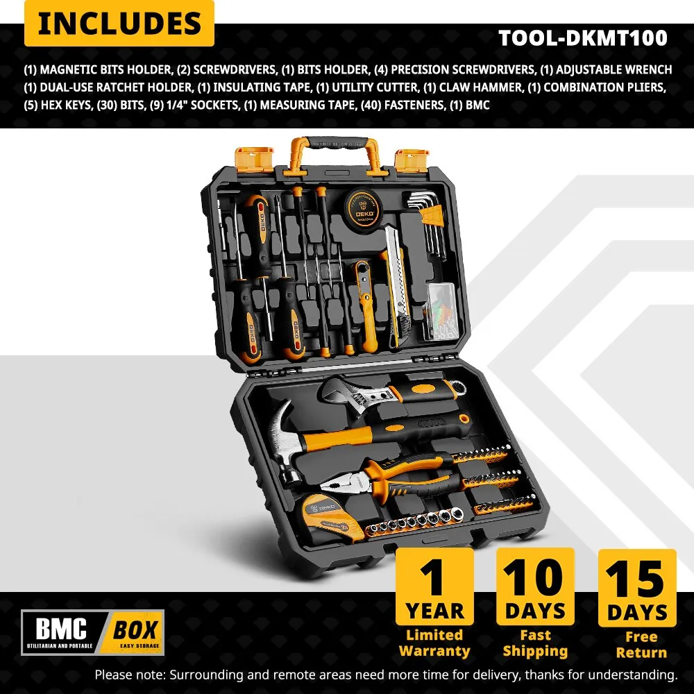 DEKO-Juego de herramientas de mano de reparación General para el hogar, juego con caja de herramientas, llave de destornillador, cuchillo carpintería, EDC, 100 piezas | Miravia