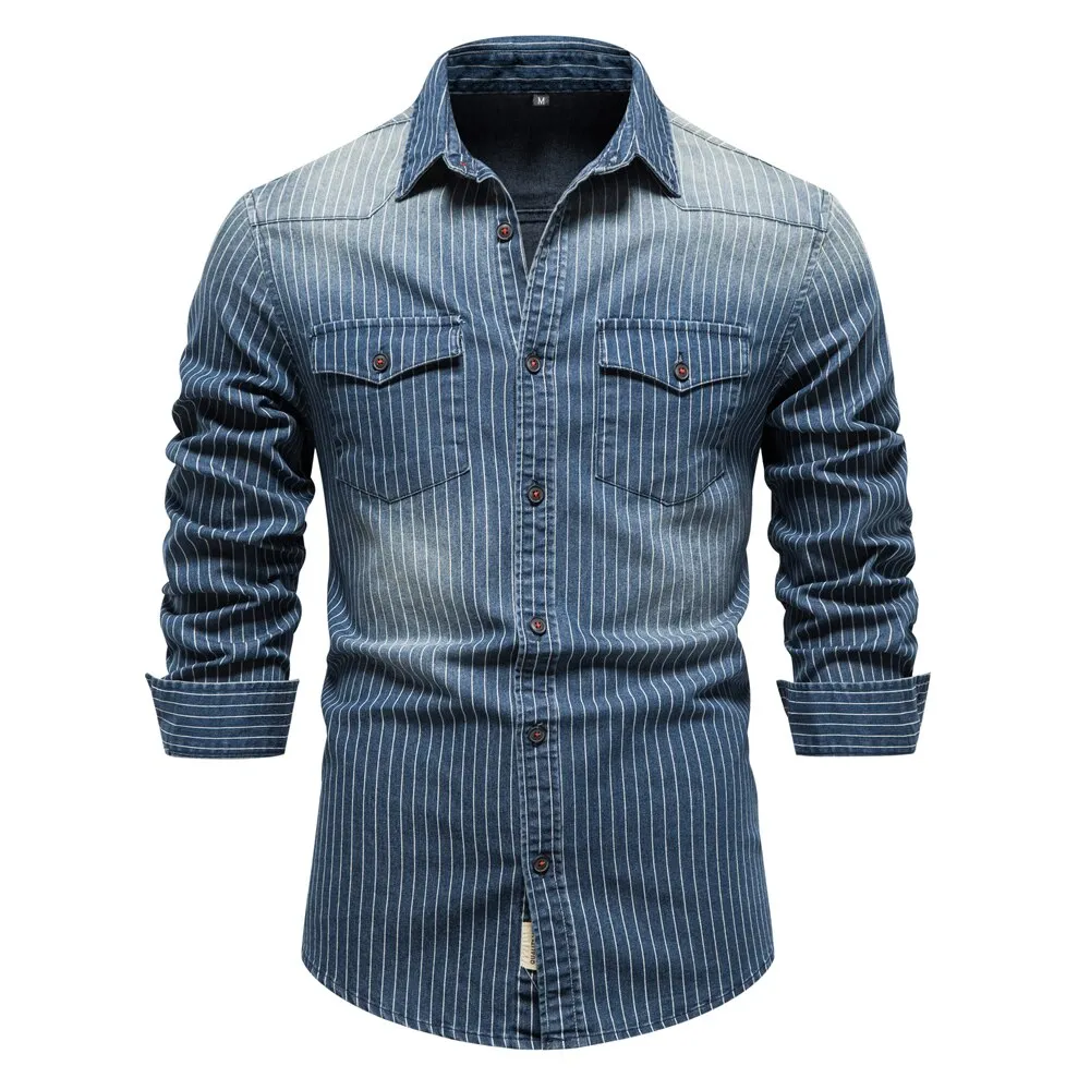 AIOPESON-camisas vaqueras de algodón para hombre, camisas de manga larga elásticas rayas, Jeans de alta calidad, camisas ajustadas informales de vaquero | Miravia