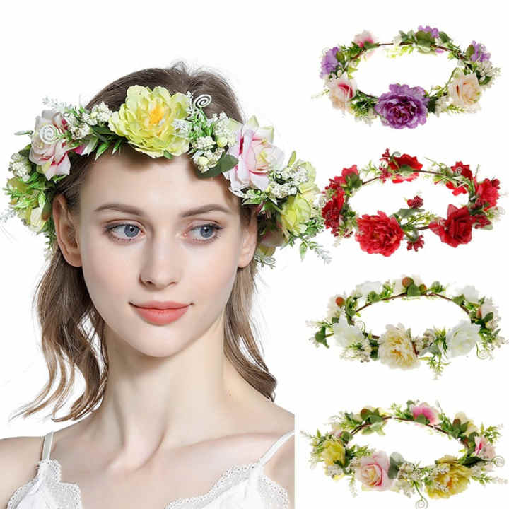 Corona de flores para niña, corona Floral de perlas de imitación, guirnalda  de novia, Aro para
