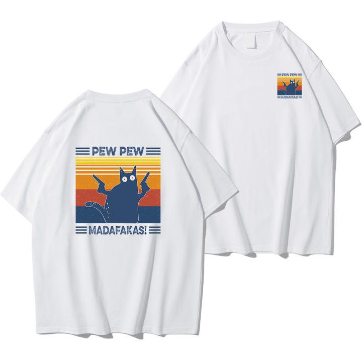 S GR8Shop Vintage Pew Pew Madafakas Motherfuckers Cat With Guns Camisa De Camiseta Gato