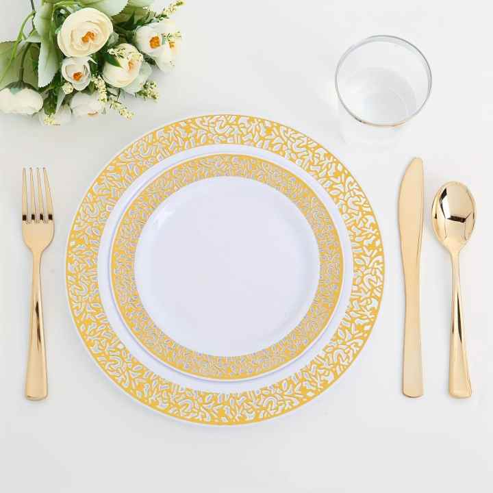Juego de vajilla de oro rosa de 150 unidades, elegantes platos de plástico  incluyen: 25 platos de plástico de encaje dorado, 25 platos de postre, 25