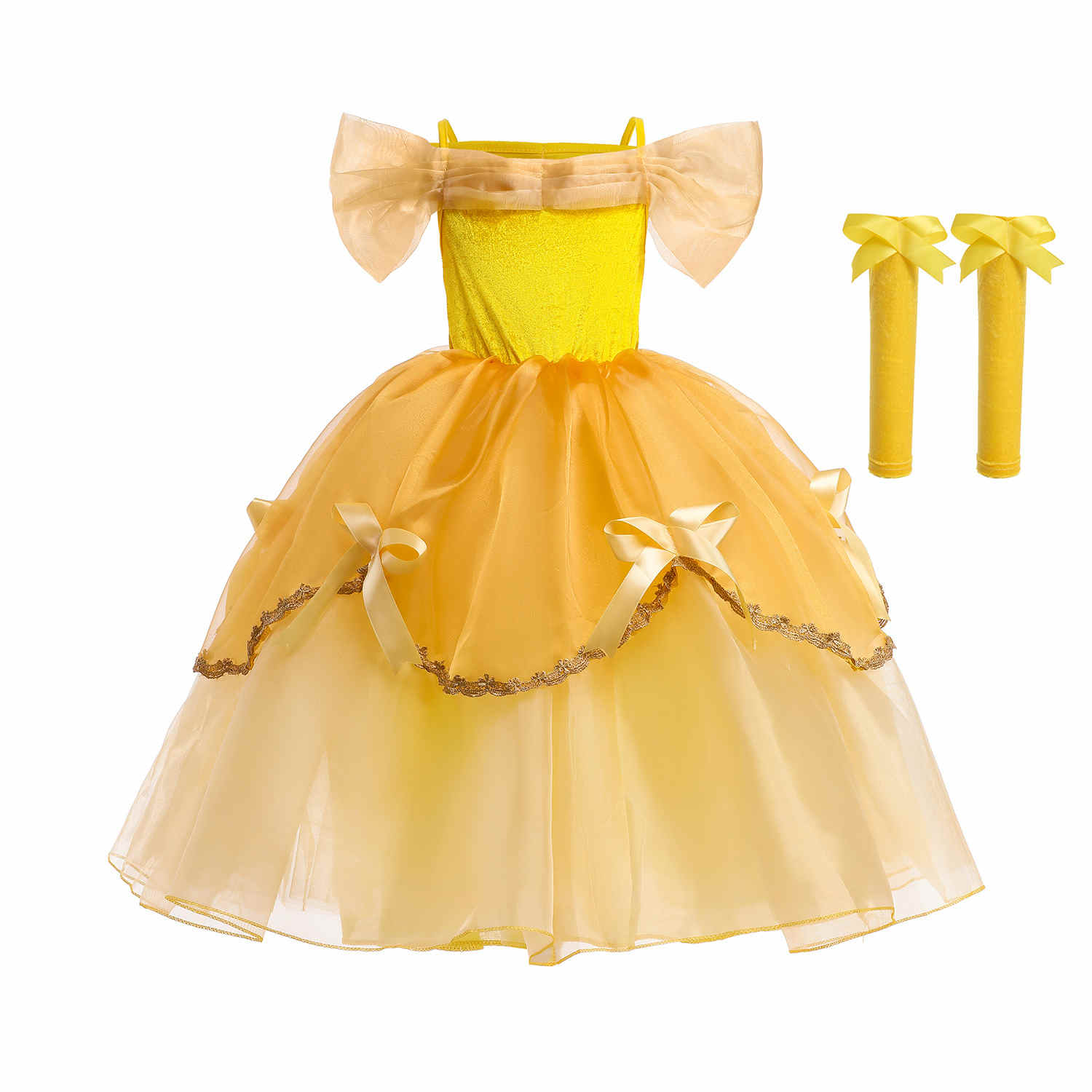 Vicloon Vestido de Princesa Bella, Disfraz Princesa Bella Niña con Corona, Varita, Aretes, Collar, Anillo y Guantes, Disfraz Belle y Accesorios para Vicloon Vestido de Princesa Bella, Disfraz Princesa Bella Niña con Corona, Varita, Aretes, Collar, Anillo y Guantes, Disfraz Belle y Accesorios para