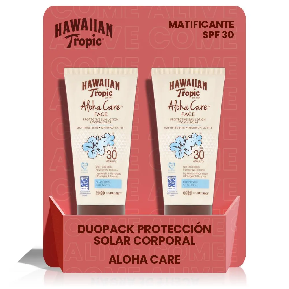 HAWAIIAN TROPIC -  Duopack Face Aloha Care SPF30. Crema Solar Facial Fotoprotectora Sin Oxibenzona, Protección Alta, Sin Grasa y Matificante, 180 ml - 2 unidades - 1