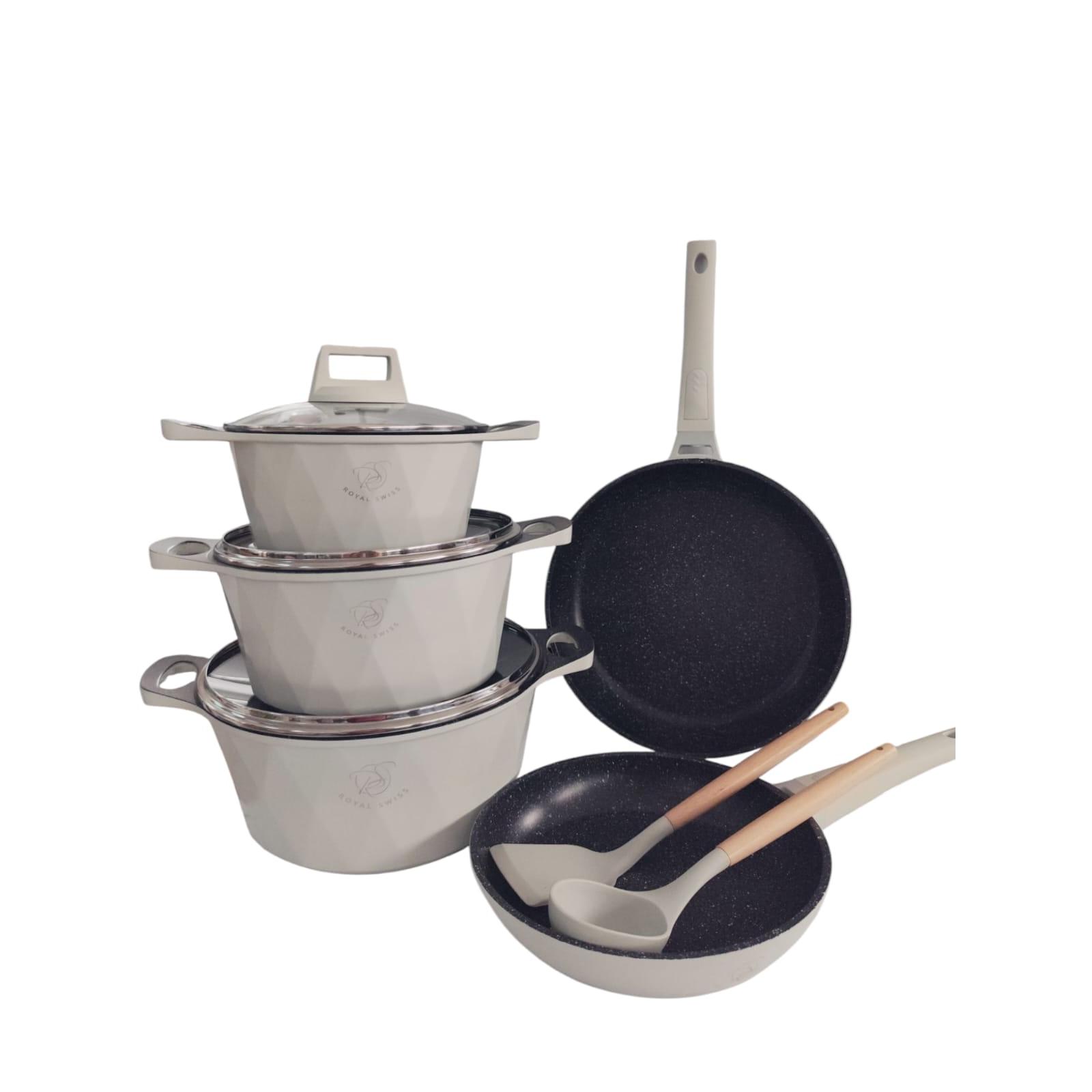 SET DE OLLAS - JUEGO DE SARTENES - 12 PIEZAS - MEDIDAS 20/24/28/24/28CM + 4 PIEZAS - APTO TODO TIPO DE FUEGOS - APTO PARA INDUCCION - APTO LAVAVAJILLAS - ANTIADHERENTE - ALUMINIO FUNDIDO -APTO HORNO- MARCA ROYAL SWISS - RS-NP2356C