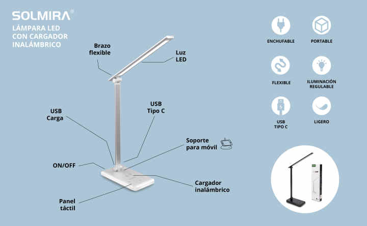 SOLMIRA® Lámpara de Escritorio con Cargador Inalámbrico, 42 LEDs