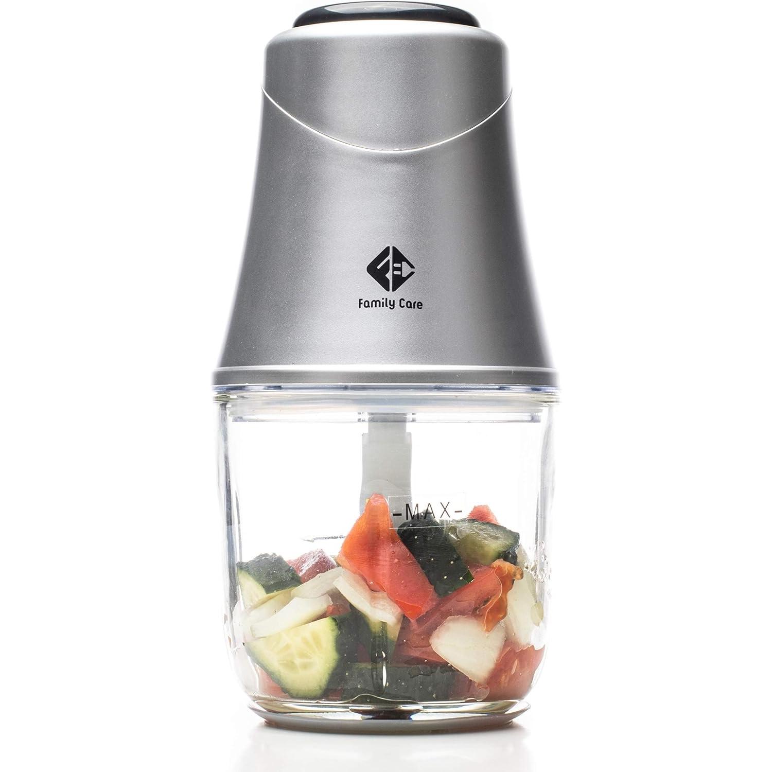 Picadora Electrica - Trituradora de Alimentos - Picadora de carne, 3 Cuchillas Titanio, 300W, Bol de Cristal 600 ml, Picadora Multifunción, FAMILYCARE