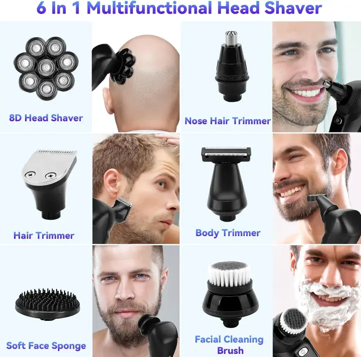 Sjpzwcrl Maquina de Afeitar Hombre Electrica: Afeitadora Cabeza Calvo  Profesional 8 Cabezales Maquinilla de Cortar Pelo para Calva Barba Nariz  Orejas Corporal