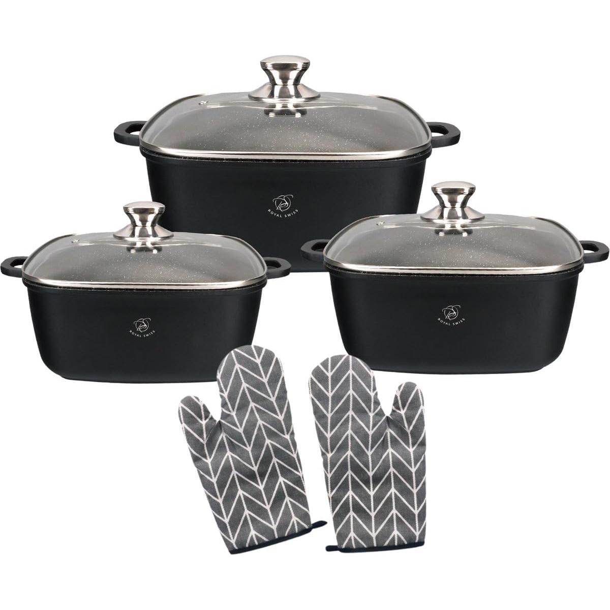 Juego de ollas cuadradas Royal Swiss de 3 piezas con 3 tapas de vidrio y 1 juego de guantes, aptas para inducción