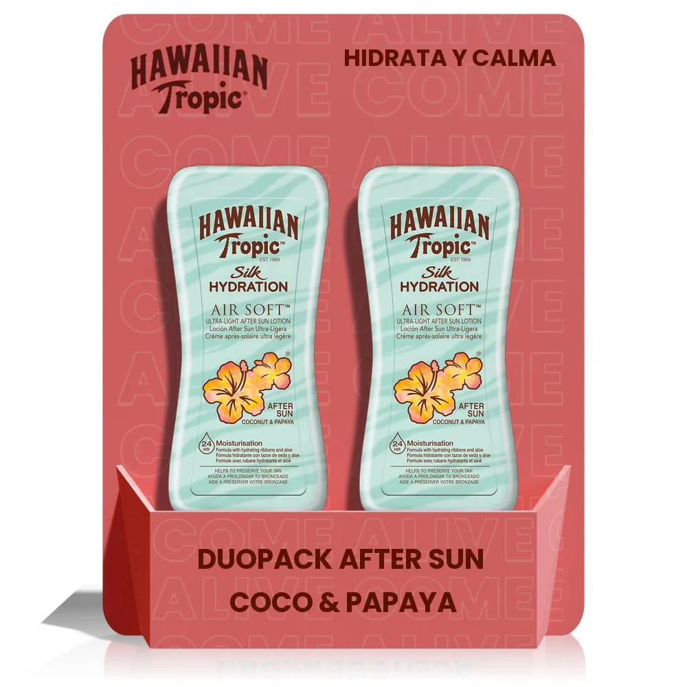 HAWAIIAN TROPIC-Duopack After Sun Air Soft Hidratante Ultra Ligera para Después de la Exposición al Sol , Fragancia Coco y Papaya 180 ml - 2 unidades - 1