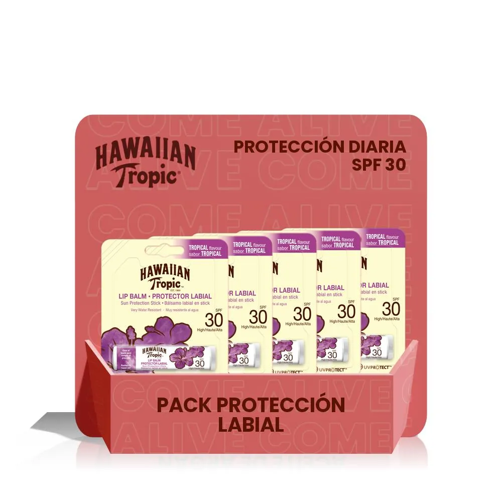 HAWAIIAN TROPIC-Pack de 5 - Lip Balm - Bálsamo Protector Solar de Labios con SPF 30, Sabor Tropical - 1