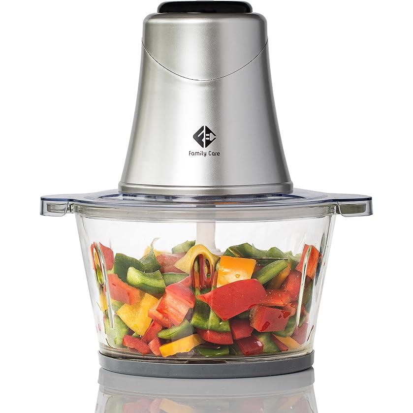 Picadora eléctrica de cocina Family Care, 4 cuchillas de titanio, 400 W, recipiente de vidrio de 2 litros, multifuncional, cortadora de carne, picadora de cebolla, verduras, frutos secos y helado. - FAMILYCARE