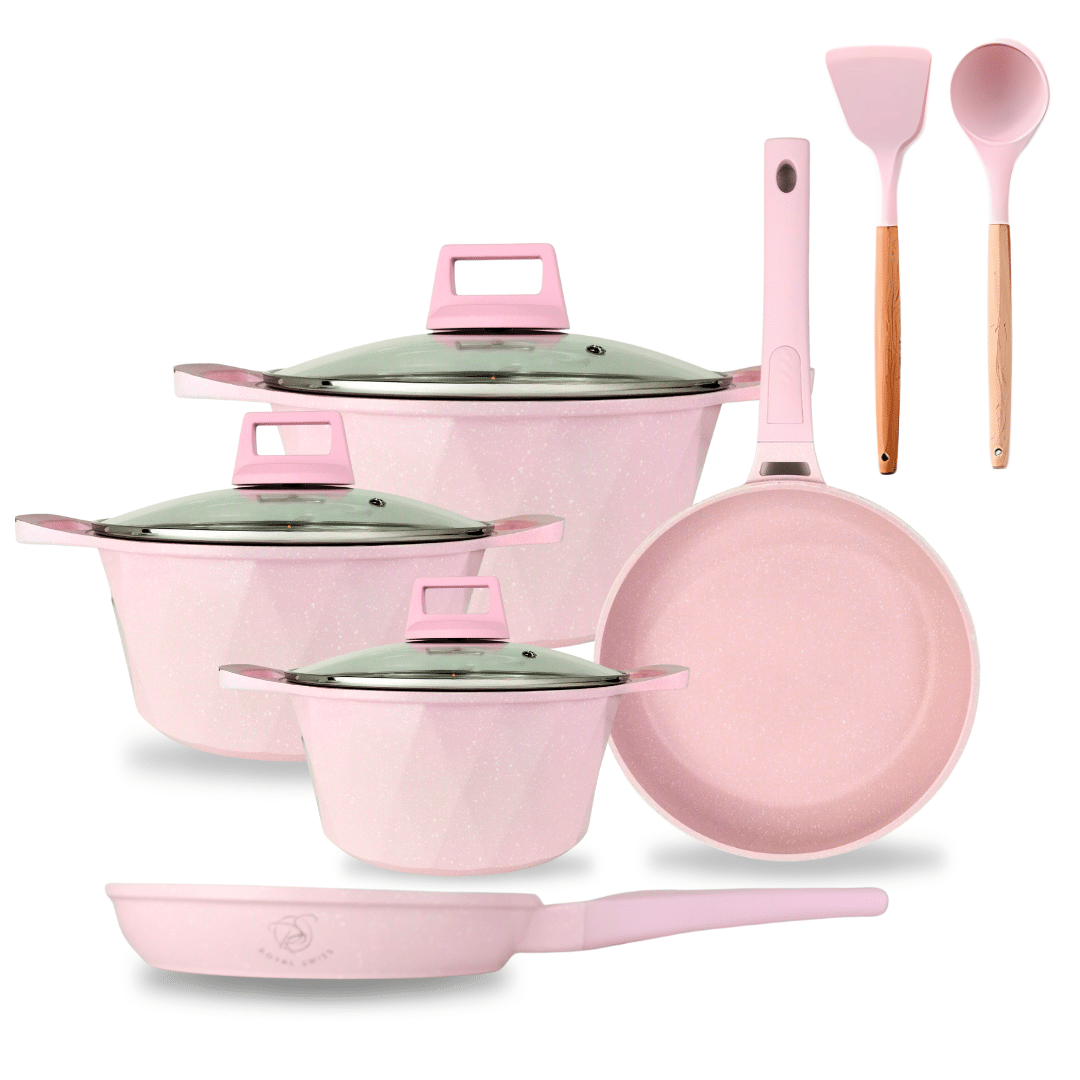 SET DE OLLAS - SET DE SARTEN - INCLUYE UTENSILLOS - ROSA - ROSA PASTEL MARCA ROYAL  SWISS - MODELO RS NP 2356P -  20 CM - 24 CM - 28 CM - 24 CM - 28 CM - ANTIADHERENTE - APTO INDUCCION - APTO TODO TIPO DE FUEGO -  SET 12 PIEZAS - APTO LAVAVAJILLAS - HORNO