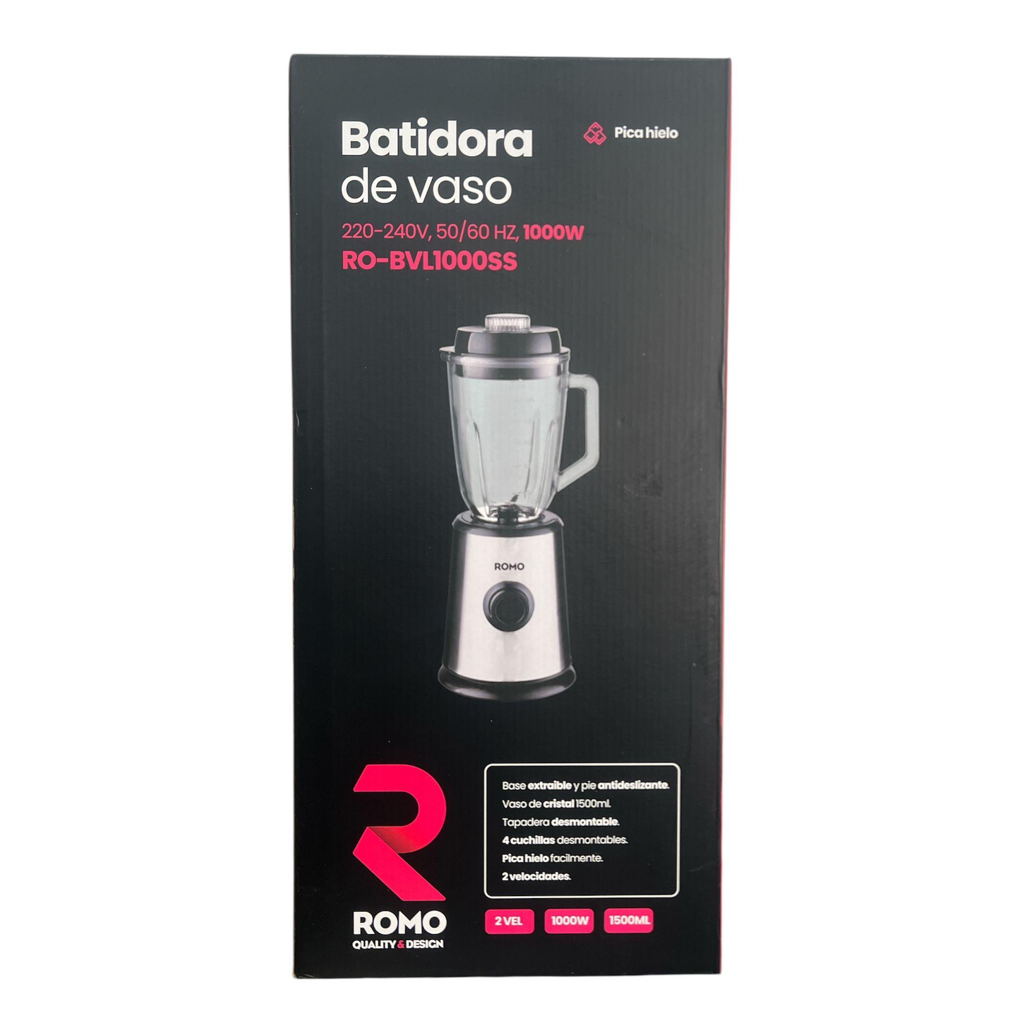 BATIDORA DE VASO ROMO - RO-BVL1000SS - POTENCIA 1000W - CIRSTAL - 2 VELOCIDADES - PICA HIELO FACILMENTE - CAPACIDAD 1500ML - BASE EXTRAIBLE - PIE ANTIDESLIZANTE - MARCA ROMO