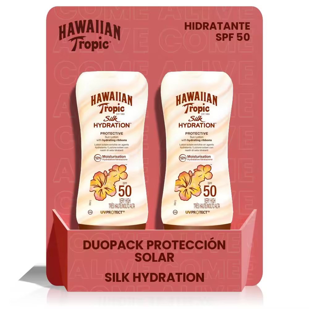 HAWAIIAN TROPIC - Duopack Loción Solar Protectora en Spray. Silk Hydration Air Soft SPF 50, crema solar resistente al agua con 12 horas de protección, formato 177 ml - 2 unidades - 1