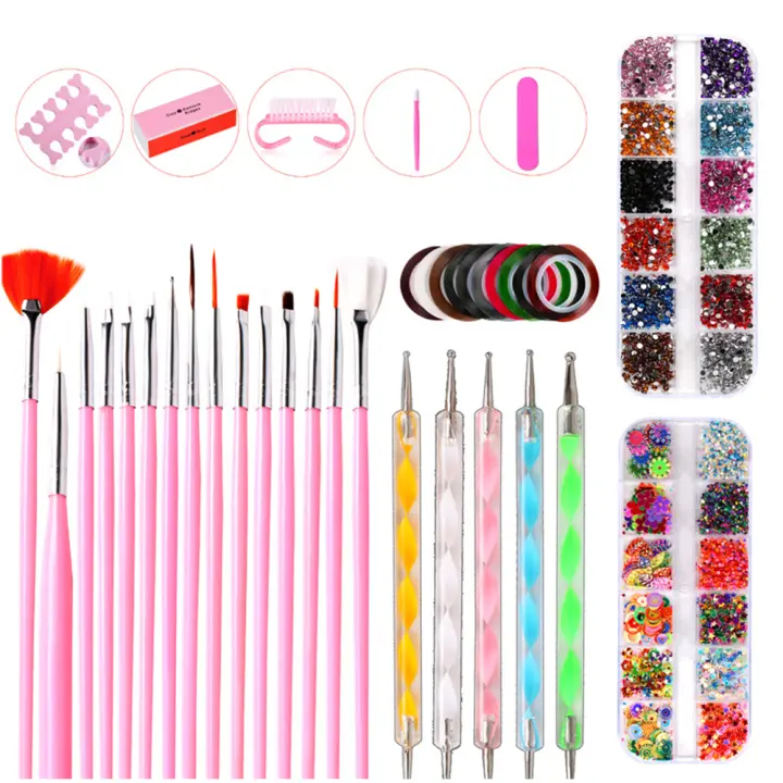 Nail Pen Designer, Teenitor Stamp Nail Art Tool with 15pcs Nail Painting  Brushes, Nail Dotting Tool, Nail Foil, Manicure Tape, Color Rhinestones for