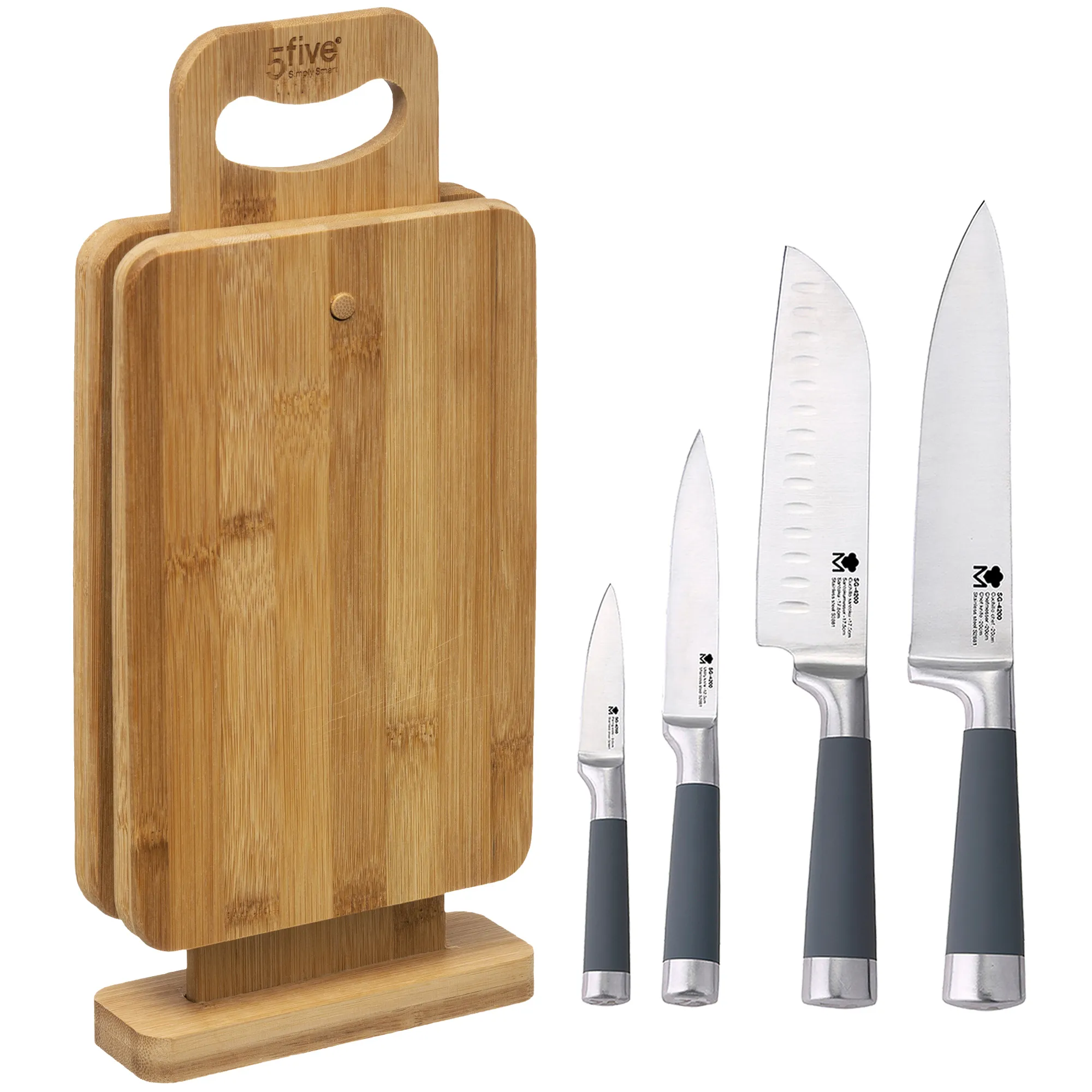 Set 4 cuchillos de cocina SAN IGNACIO Masterpro de acero inoxidable con pack de 4 tablas de corte con soporte de bambú - 1