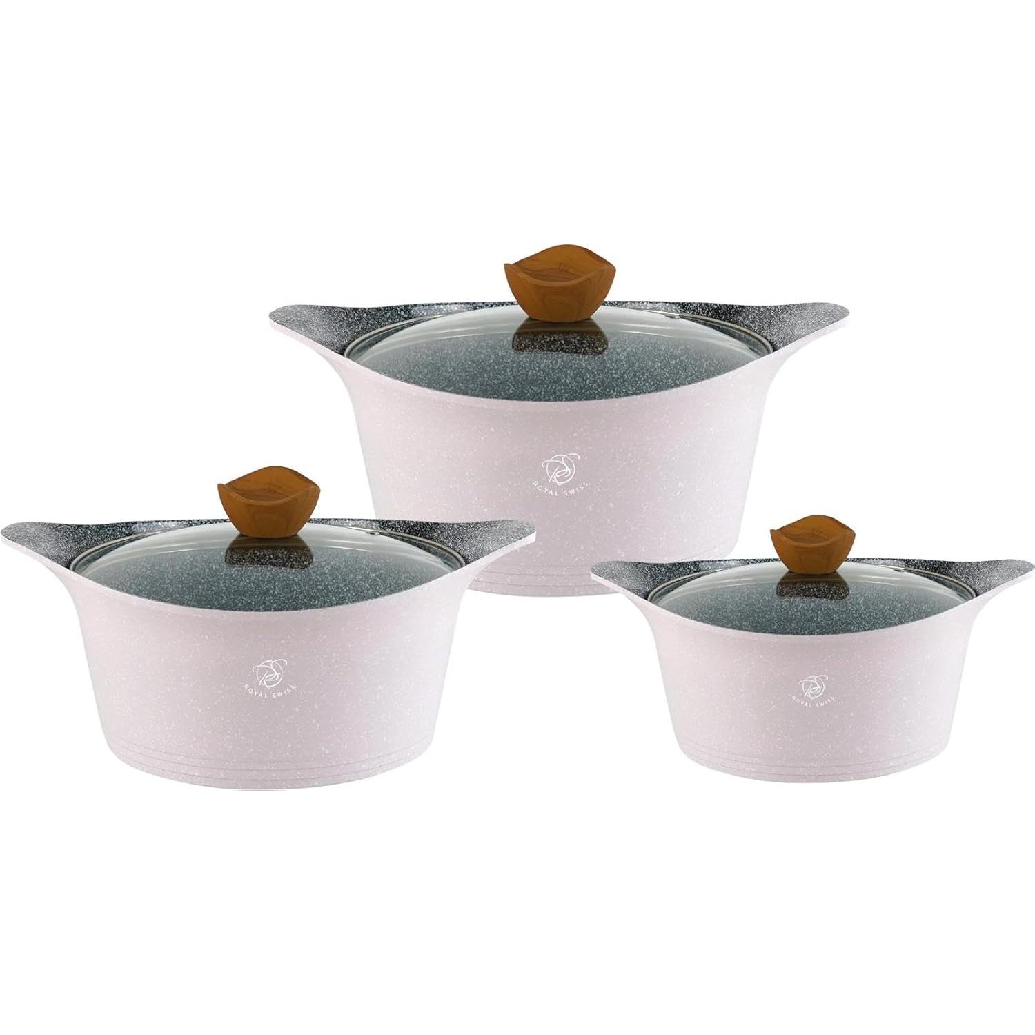 Juego de 3 sartenes – Revestimiento efecto mármol – Revestimiento antiadherente duradero – Compatible con inducción, gas y todo tipo de fuegos – Cocina saludable y sin grasa – Negro