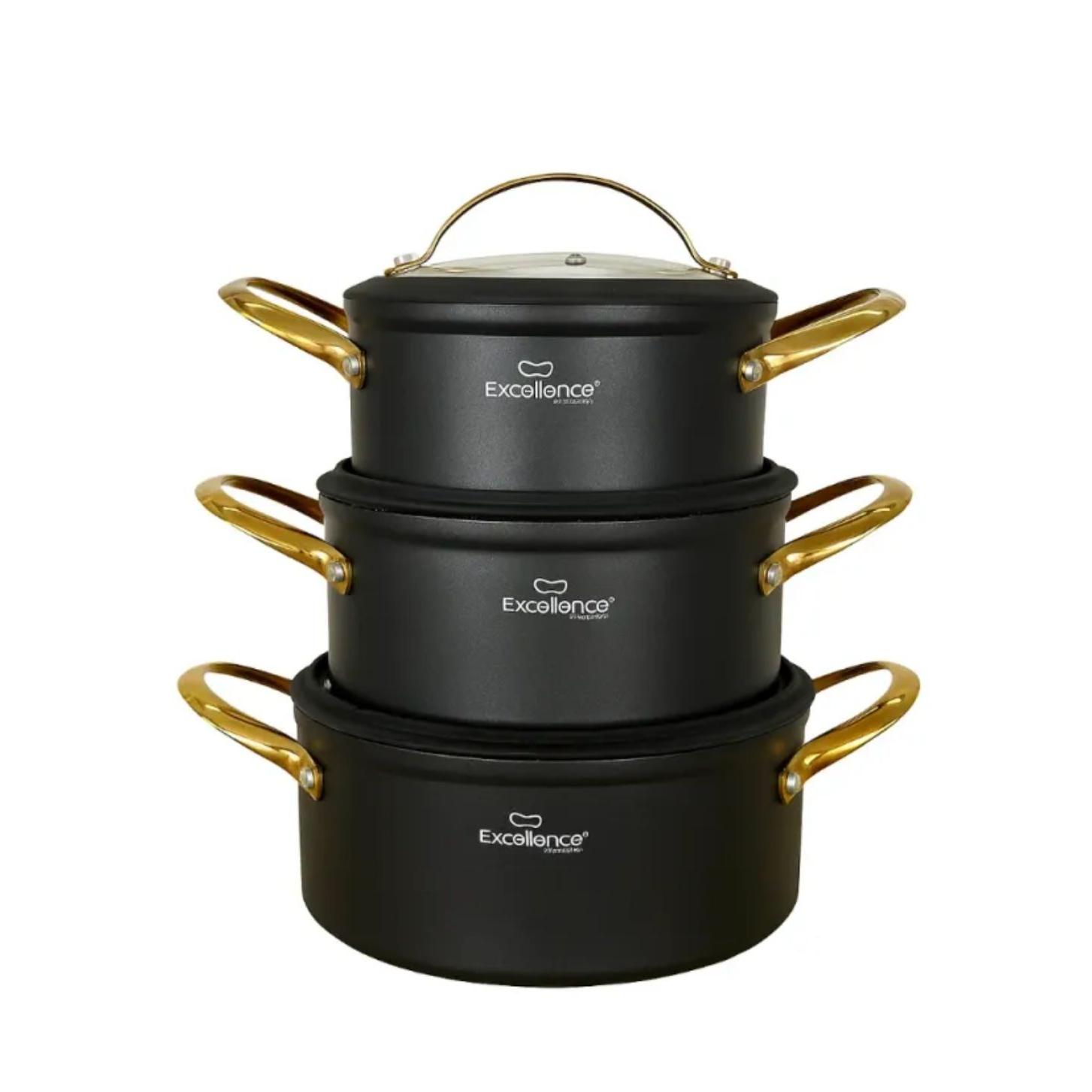 SET DE OLLAS - 3 UNIDADES - ORO - COLOR NEGRO - PREMIUM - ELEGANTE - EXCELLENCE - APTO PARA TODO FUEGO - APTO PARA INDUCCION - 1.9L - 2.8L - 4.7L