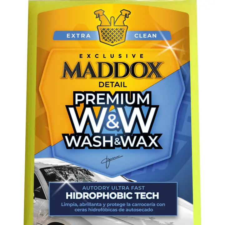Maddox Detail – Premium Wash & Wax - Champú Auto Secado. Ceras hidrofóbicas  para un Brillo Superior. Sin Necesidad de Secado, Máxima concentración, 500  ml