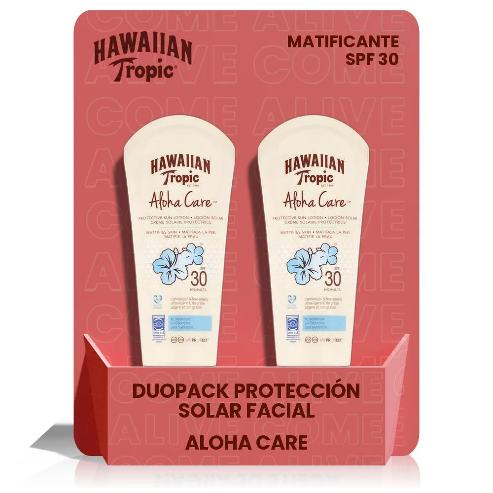 HAWAIIAN TROPIC - Duopack Body Aloha Care SPF30 - Crema Solar de protección Alta, Sin Grasa y Matificante, 180 ml - 2 unidades - 1