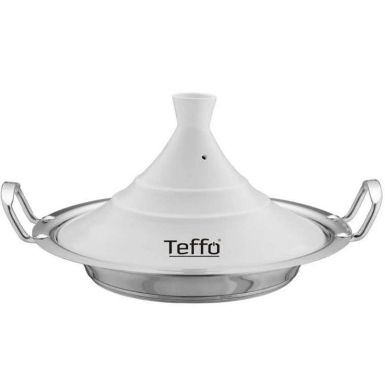 TEFFO - 30CM DIAMETRO - Olla tipo tajine de 30 cm, apta para inducción. Su diseño combina un acabado brillante en la tapa con una base mate. TAPA CERAMICA - BASE ACERO INOXIDABLE
