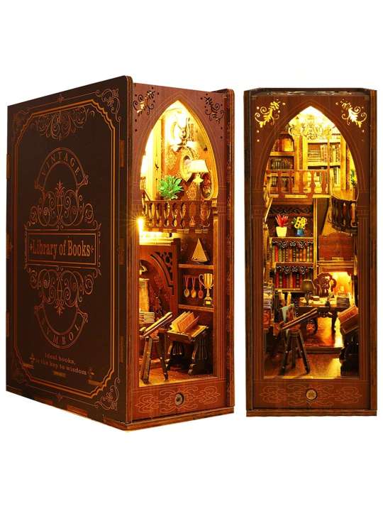 Kit Book Nook DIY - Casa En Miniatura Con Luz LED, Puzzle 3D Madera, Decoración Estantería
