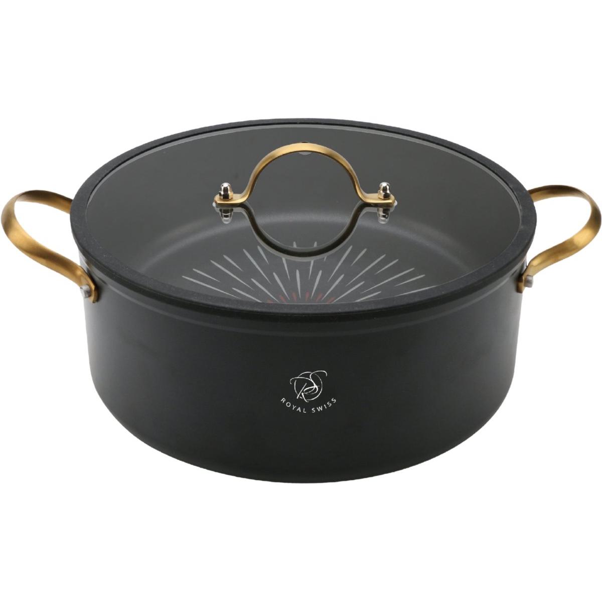 Olla holandesa Royal Swiss® de 28 cm, 28x7.5 cm - color negro, con tapa de silicona, revestimiento antiadherente de mármol, apta para inducción, lujosa y duradera.