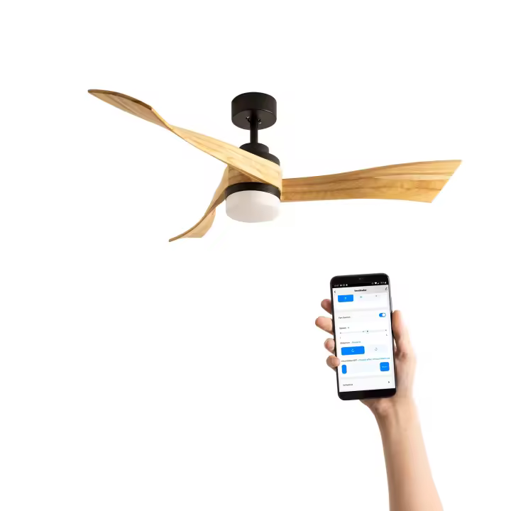 CREATE - WINDLIGHT CURVE DC - Ventilador de Techo 40W Silencioso Ø132 cm, 6 velocidades, Función Invierno / Verano, motor DC - Negro y Madera natural CREATE - WINDLIGHT CURVE DC - Ventilador de Techo 40W Silencioso Ø132 cm, 6 velocidades, Función Invierno / Verano, motor DC - Negro y Madera natural