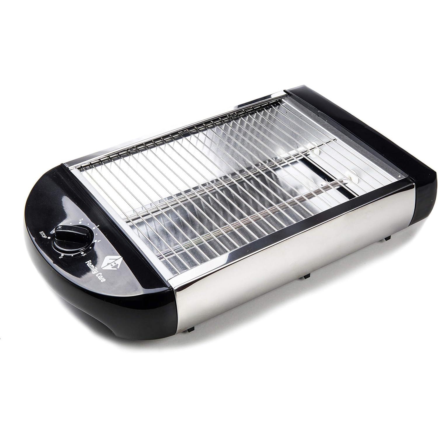 Family Care Tostadora Horizontal, Tostador Plano, Tostadora Pan Horizontal, 600W, 5 Niveles de Temperatura, Bandeja Recogemigas Extraíble, Cuerpo Acero Inoxidable, Multipan y Fácil Limpieza