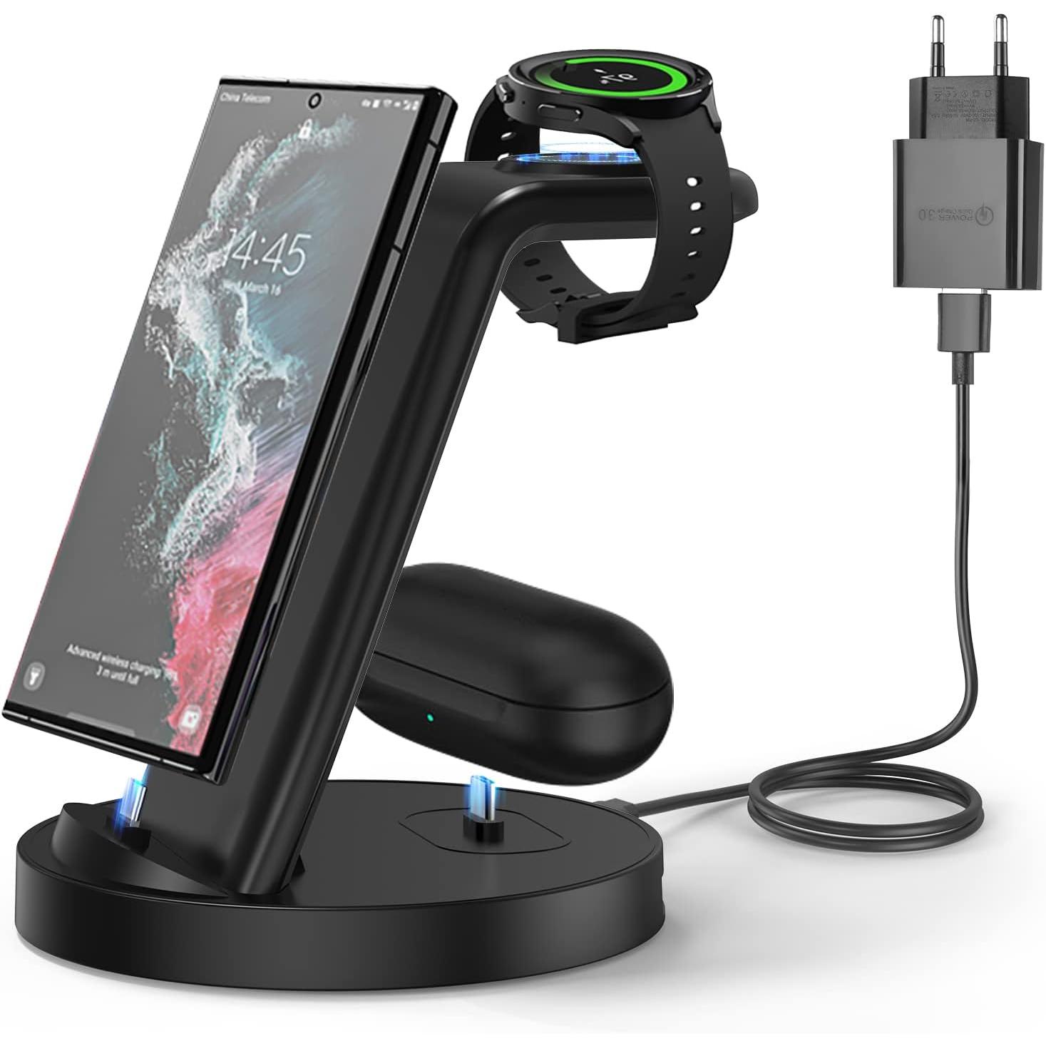 AXFEE Cargador Inalambrico, 3 en 1 Samsung Estacion de Carga Inalámbrica,  Cargador Inalámbrico Rápido con 18W Adaptador, para Galaxy S22  Ultra/S22/S21/Note 20/Z Flip 4/Galaxy Buds.