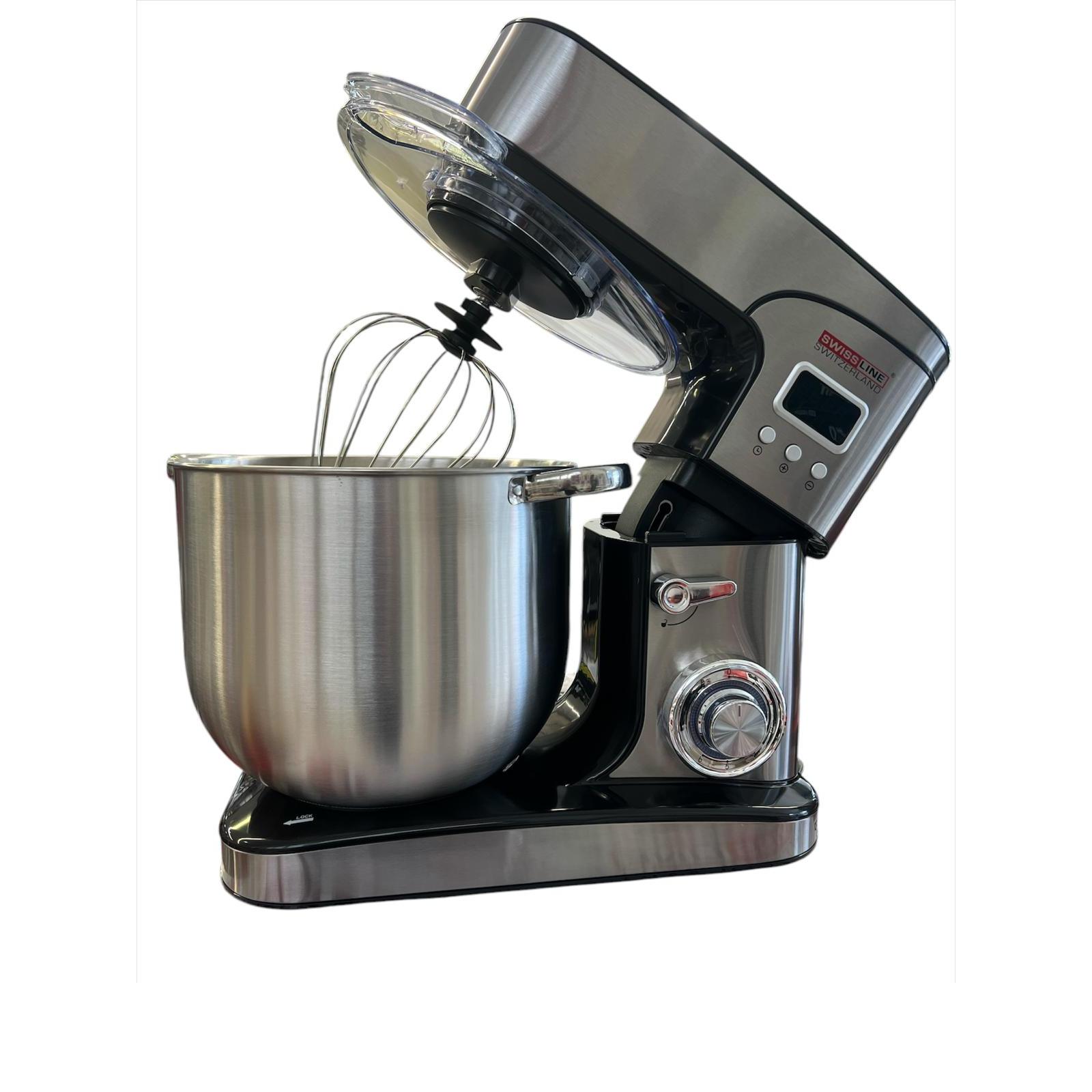 AMASADORA BATIDORA MULTIFINCION 12 LITROS, 3200W SWISSLINE - PRO - PANTALLA LCD - DIGITAL - ACERO INOX - GRAN CAPACIDAD - ANTIDELIZANTE - MEZCLADORA - PLATEADA - CONTIENE TAPA  - 6 VELOCIDADES - TURBO