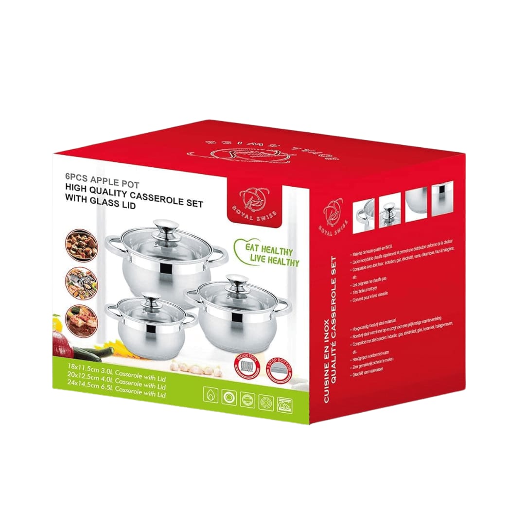 Set olla - juegos de ollas - 6 piezas - marca ROYAL SWISS  - apto para todo tipo de fuegos - INDUCCIÓN - ACERO INOXIDABLE -  6.5/4.0/3.0 LITROS