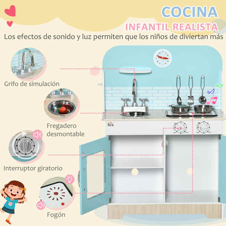 HOMCOM Cocina de Juguete de Madera 5 Piezas para Niños de +3 Años Cocinita  de Juguete con Luz y Sonidos 65x29x81 cm Azul
