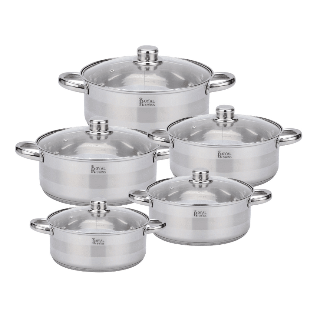 Juego De Ollas 10 Piezas - Acero Inoxidable + Tapas De Vidrio. Apto Para Todo Tipo De Cocina - INDUCCION - SHIRO