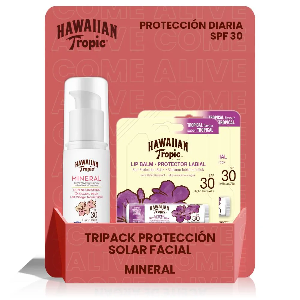 HAWAIIAN TROPIC-Duopack Loción Mineral Face + Lip Balm - Loción solar y Nutritiva. Crema solar Facial Factor SPF 30 + Bálsamo Labial 4gr - 1