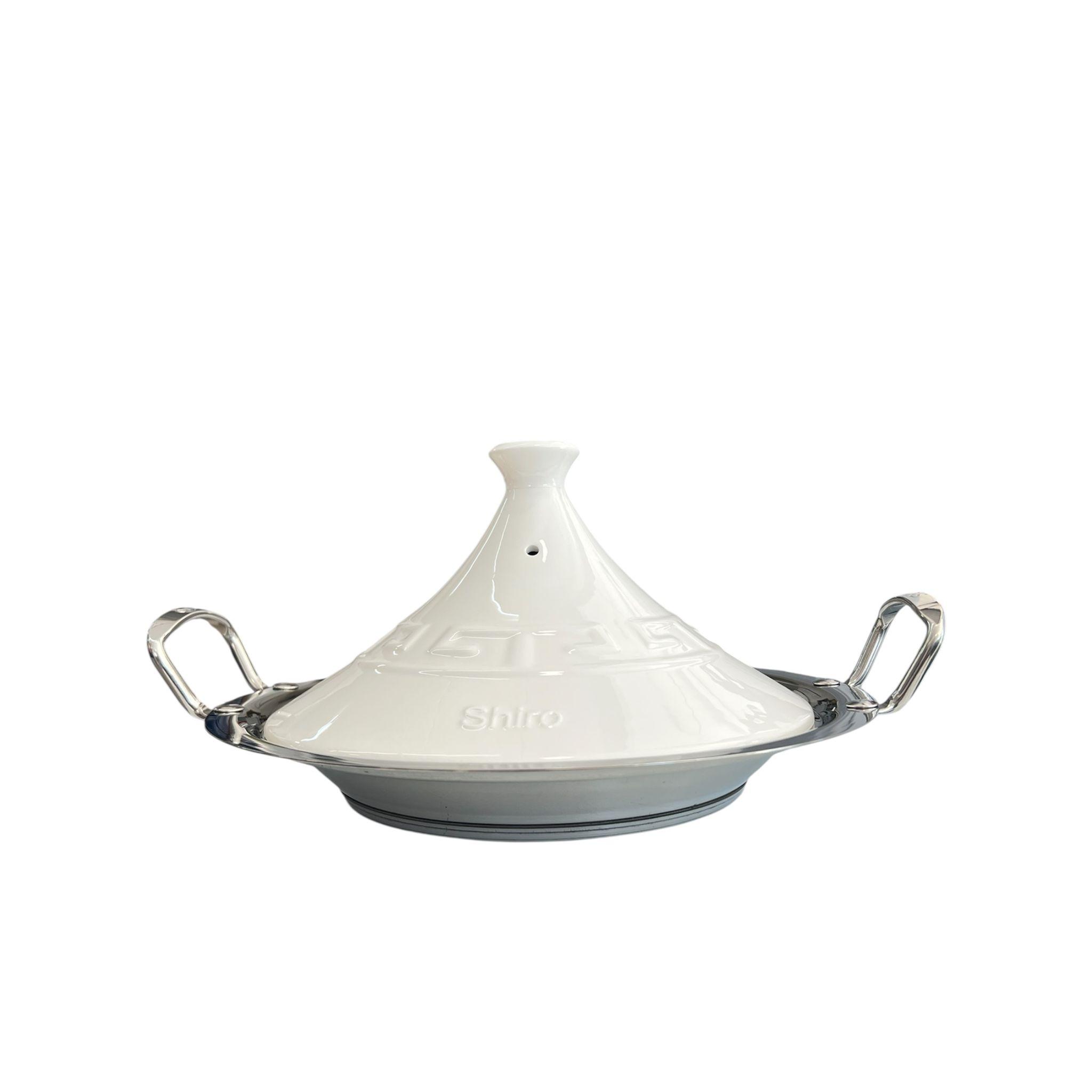 Olla tipo tajine de 30 cm, apta para inducción. Su diseño combina un acabado brillante en la tapa con una base mate. TAPA CERAMICA - BASE ACERO INOXIDABLE