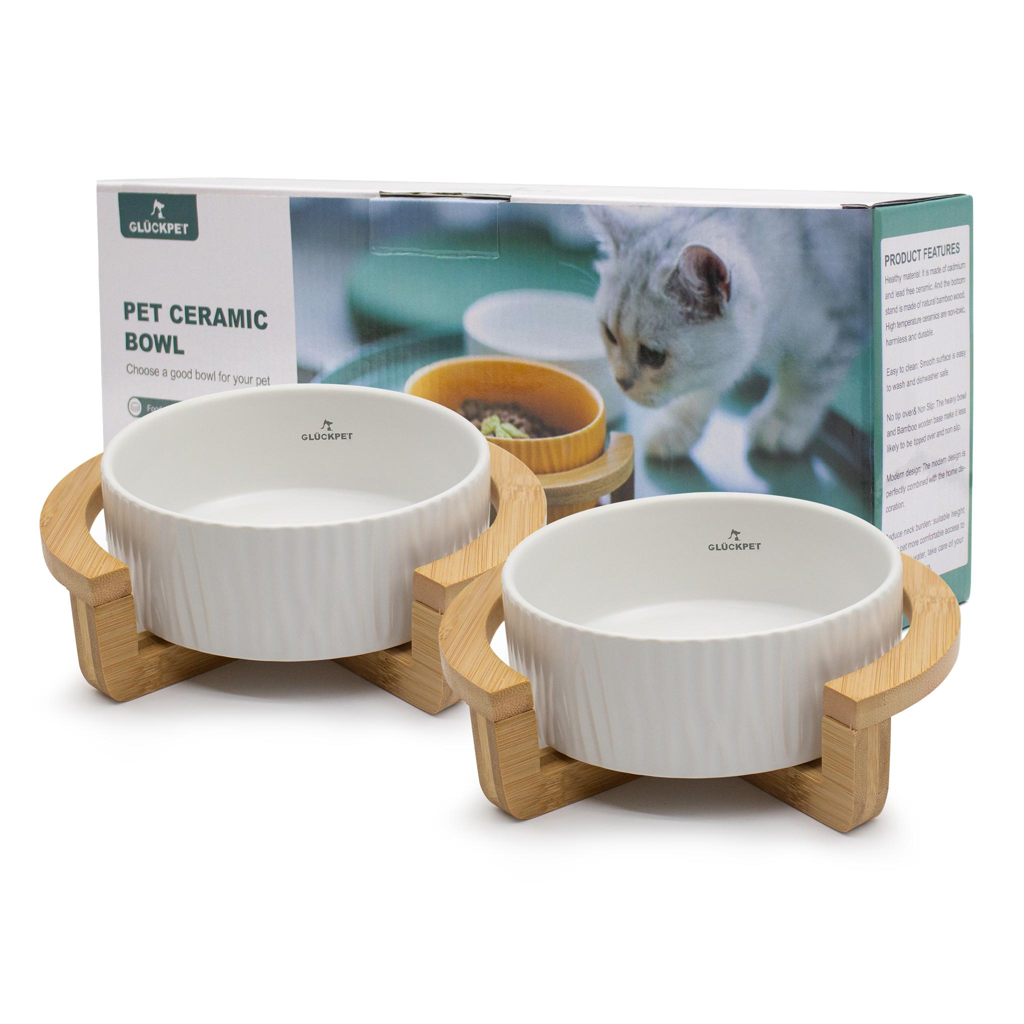 Juego de 2 comederos de cerámica GLÜCKPET® con base de madera de bambú para tu mascota por sólo 6,99€ ¡¡53% de descuento!!
