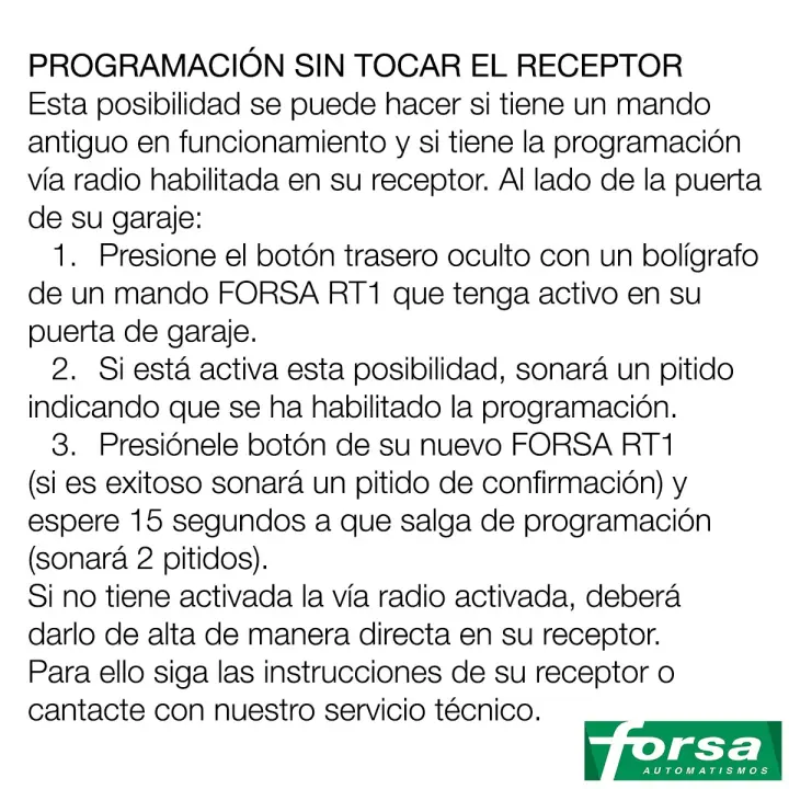 FORSA RT1 Mando Garaje Frecuencia 433,92 MHz Válido Puertas de Garaje Forsa