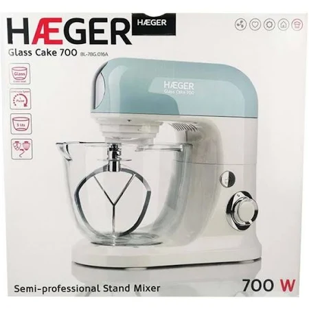 HAEGER batidora amasadora bol cristal 700w , Batidora amasadora con bol de cristal de 700W. -Marca: Haeger. - Modelo BL 7BG.016A. -Contiene 3 varillas: para amasar, mezclar y batir.
