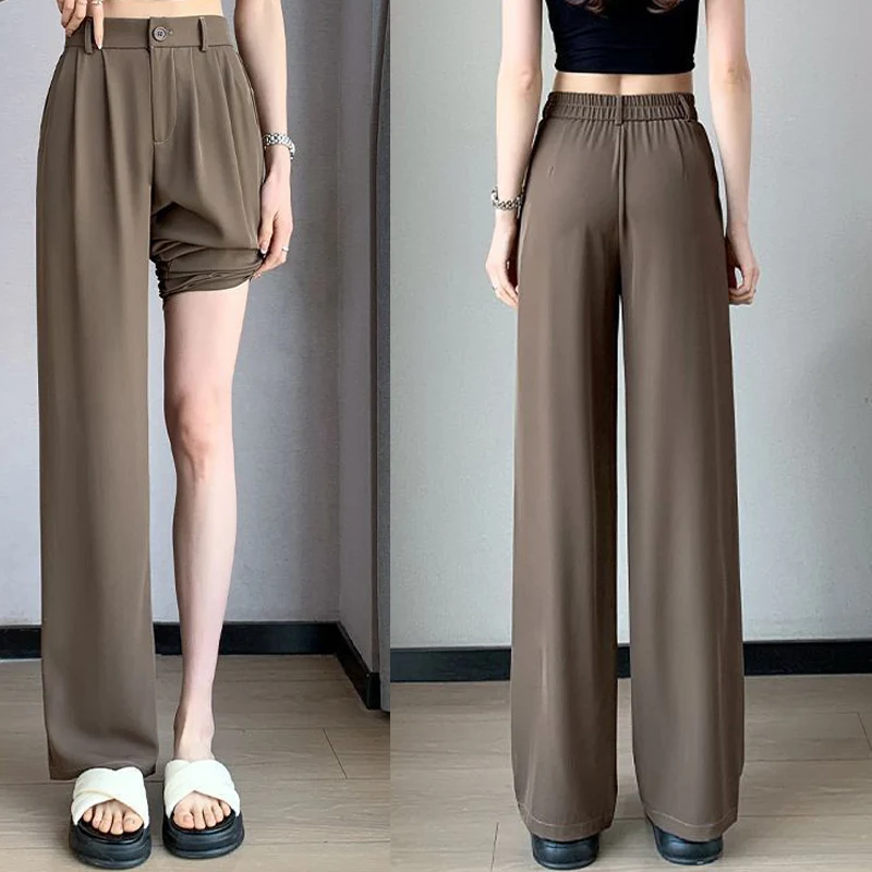 Pantalones De Lino De Pierna Ancha Para Mujer, Cintura Elástica