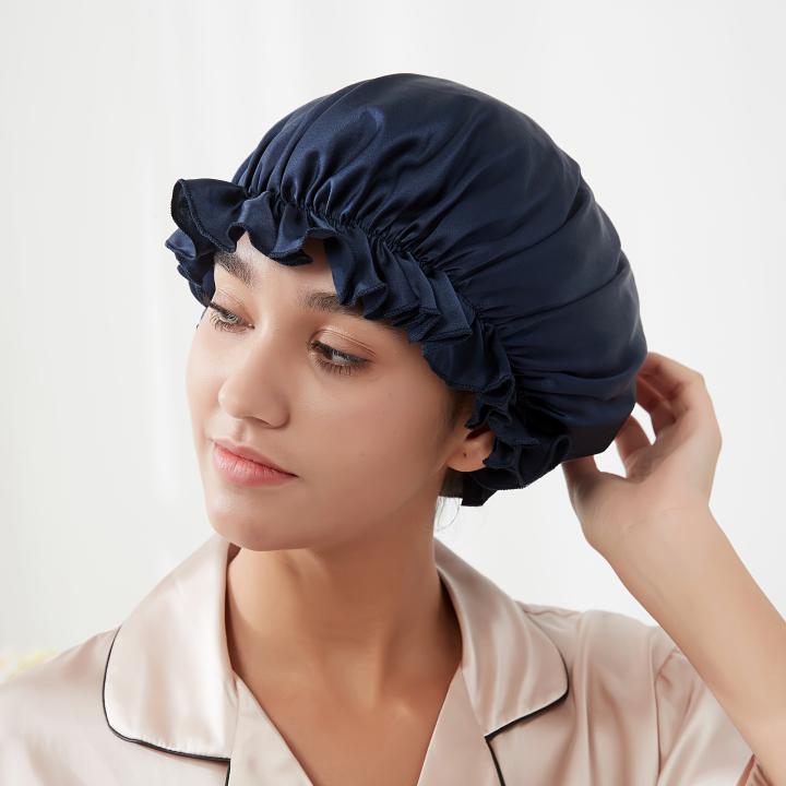 Umisleep 100% 22 Momme Gorro De Seda De Morera Para Dormir, Gorro De Noche De Seda Suave De Doble Capa Para Cabello Rizado, Transpirable, Correa Ancha