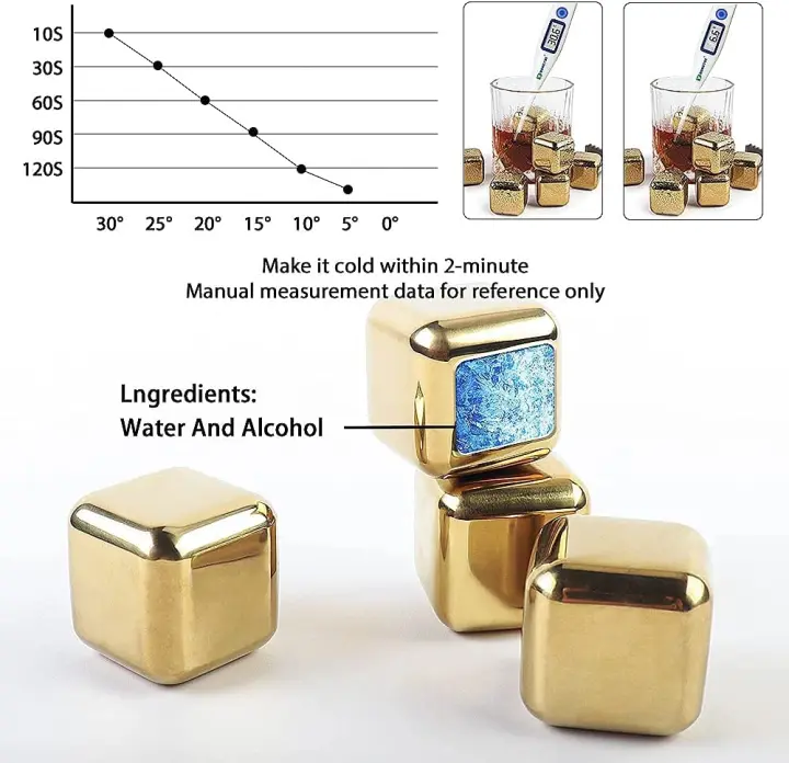  Juego de 6 cubitos de hielo de acero inoxidable, piedra de vino  de hielo reutilizable y piedras de whisky refrescantes, hielo de acero  inoxidable adecuado para bandeja de almacenamiento de congelador, 