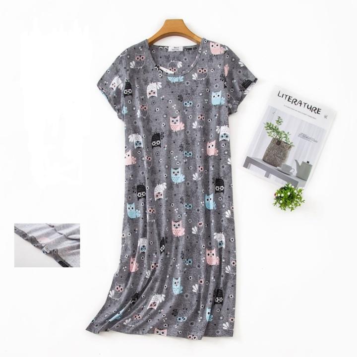 Camisón De Talla Grande Para Primavera Y Verano, Pijamas Para El Hogar Para Mujer, Camisones De Manga Corta Estampados Con Cuello En V Y Empalme De Encaje Compra Barata En