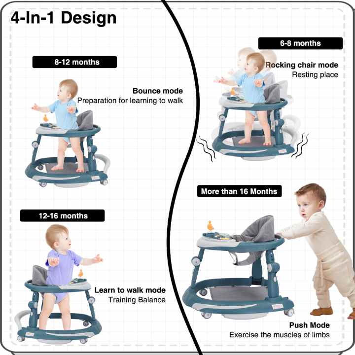 Andador redondo ajustable con ruedas universales para bebé, altura  ajustable, plegable y compacto, 6-18 meses