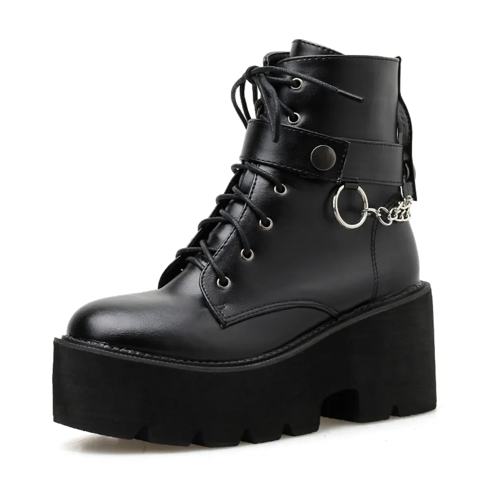 Gdgydh-Botas góticas de cuero con tacón grueso para mujer, zapatos de combate con plataforma y cremallera, estilo gótico Punk, color negro |