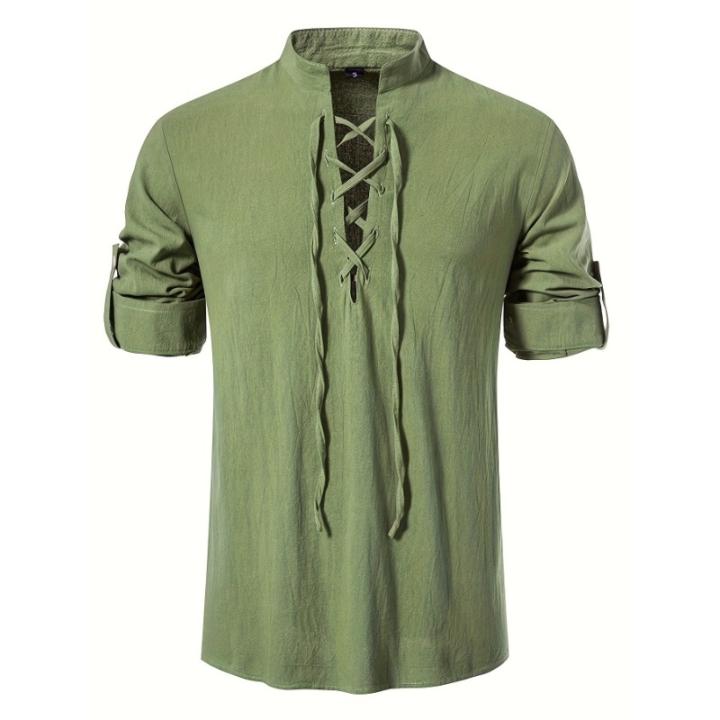 Camisa de algodón y lino para hombre, estilo retro, con cordones, con cordón, renacentista, pirata, vikingo, medieval, disfraz de Halloween, Caqui Camisa de algodón y lino para hombre, estilo retro, con cordones, con cordón, renacentista, pirata, vikingo, medieval, disfraz de Halloween, Caqui