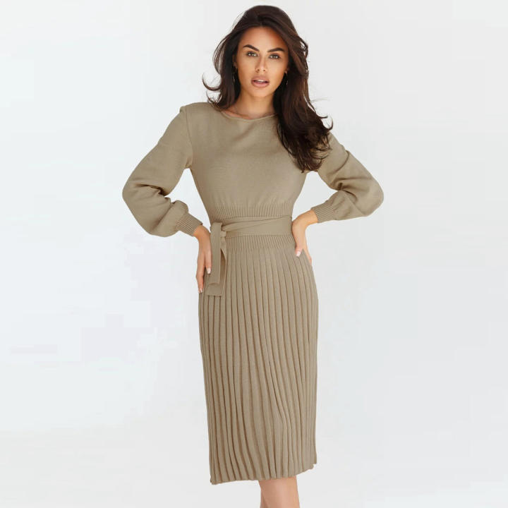 Vestido De Punto Manga Larga Para Mujer - Cuello Redondo, Falda Plisada, Ideal Para Otoño E Invierno