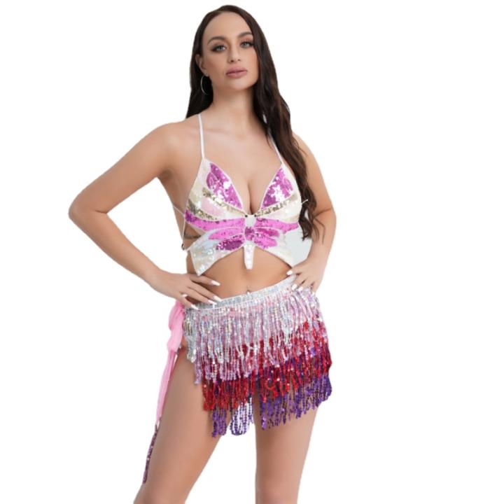 Falda De Lentejuelas Brillantes Con Flecos, Bufanda Para Danza Del Vientre, Disfraz De Rave, Falda Con Purpurina Con Lentes De Sol De Corazón Para Mujeres Y Niñas, Falda Azul Claro