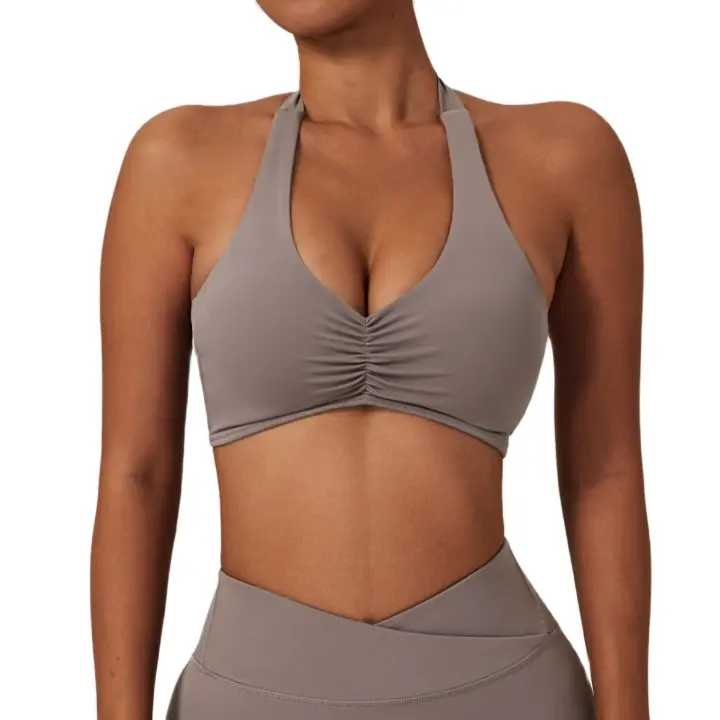 Sujetador deportivo con cuello Halter para mujer Top fruncido con