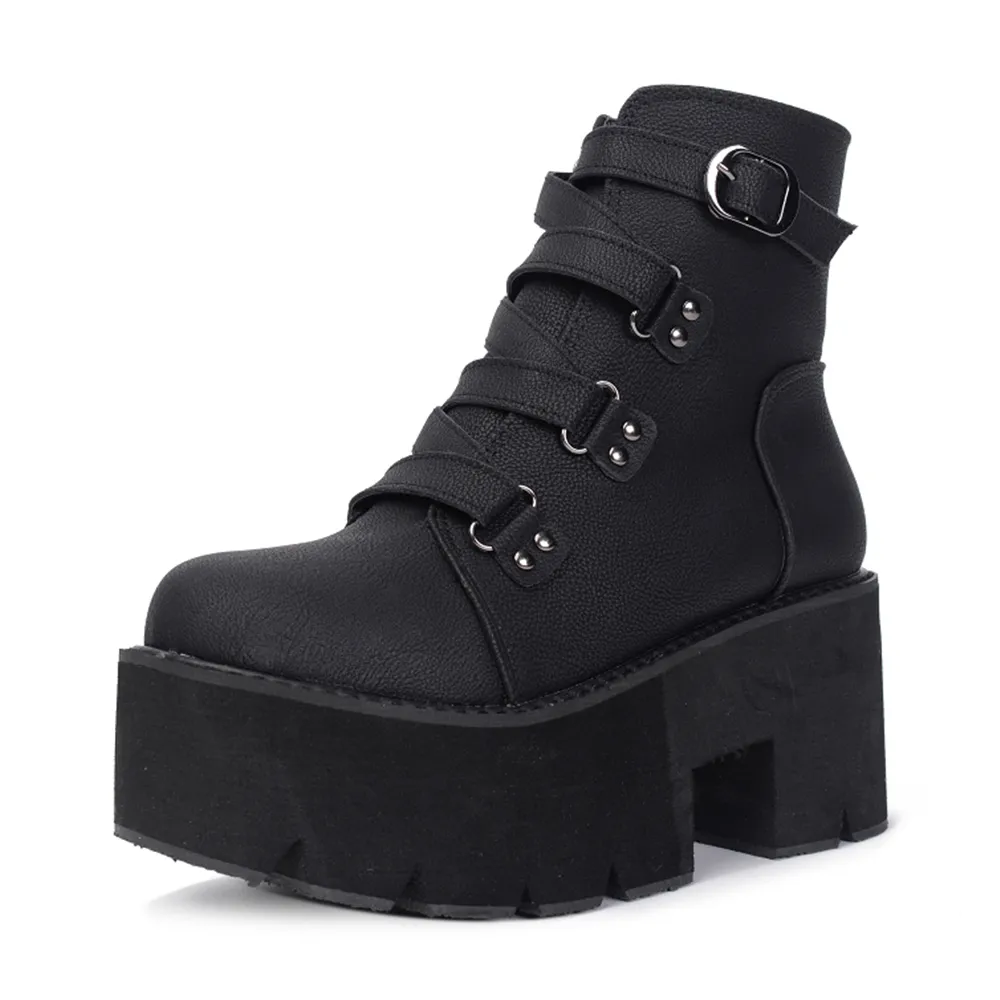 Gdgydh-Botines góticos para mujer, botas con plataforma gruesa, suela de goma, correa de hebilla, cuero negro PU, cómodos, y | Miravia